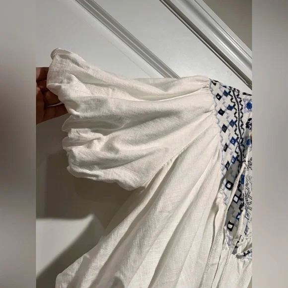 Free People Ivory Blouse with Navy Embroidery - Picture 7 of 11